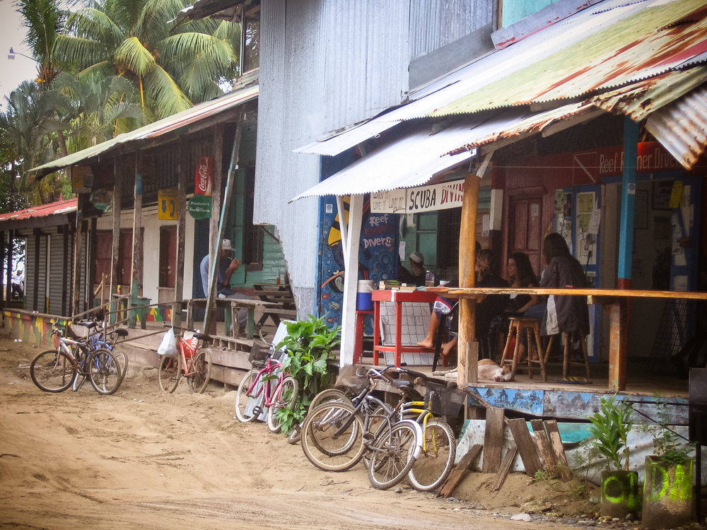 Cool surf shacks and shops line the beach in Puerto Viejo town